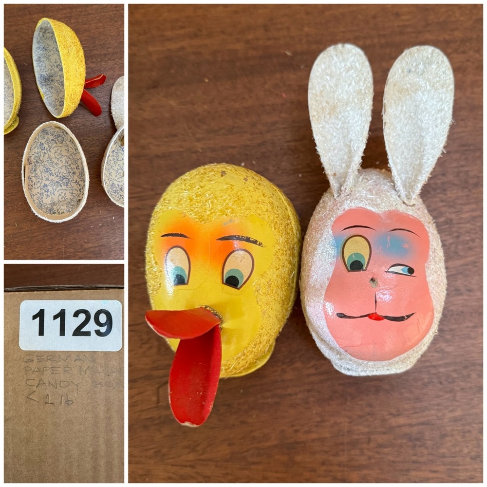 2 Antique Vintage German Paper Mache Easter Candy Container Bunny and Duck